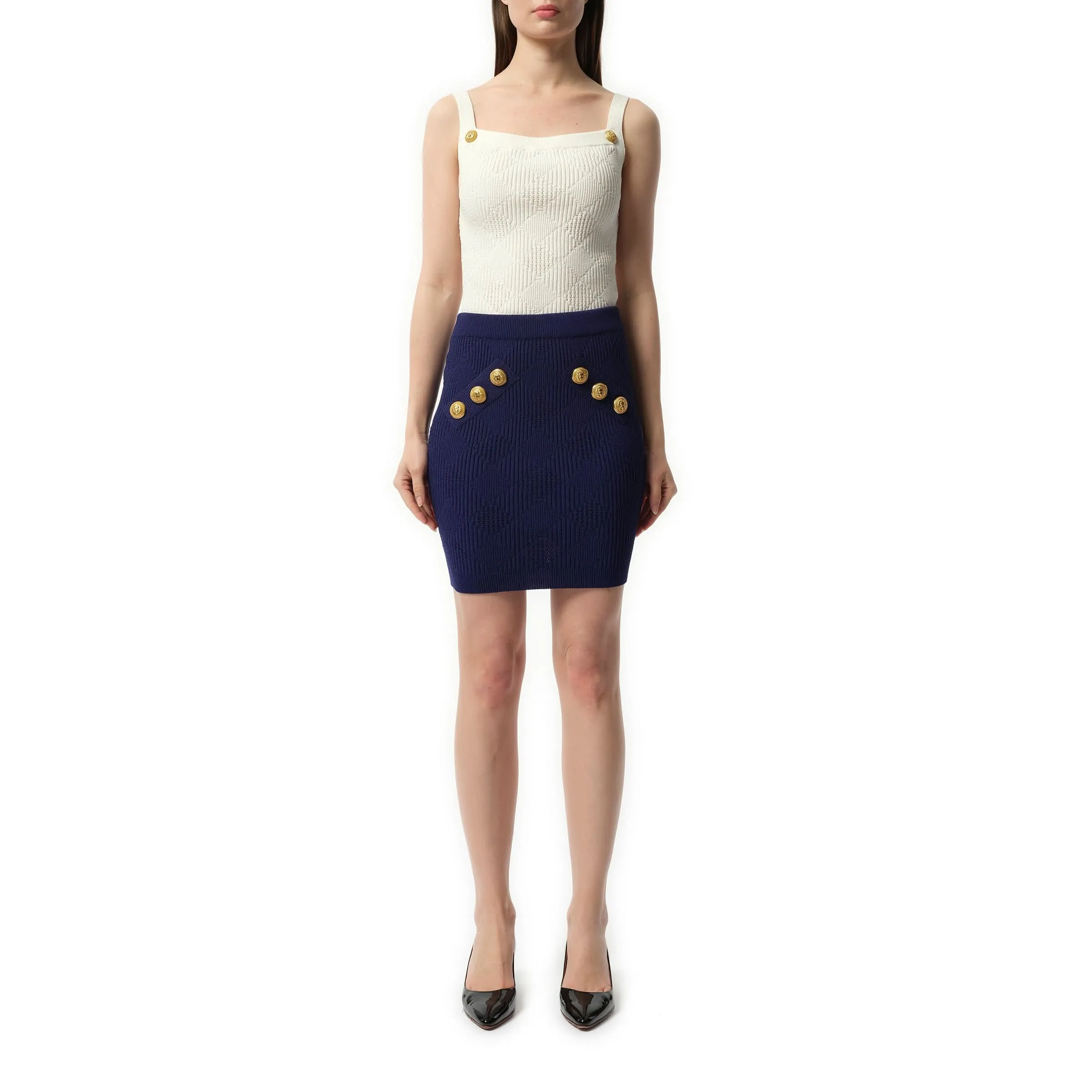 6 Button Vichy Knit Short Skirt in Midnight Blue