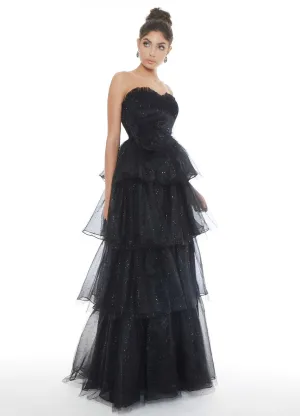 Ashley Lauren 1709 black prom dress size 4 sweetheart neckline tiered tulle long skirt