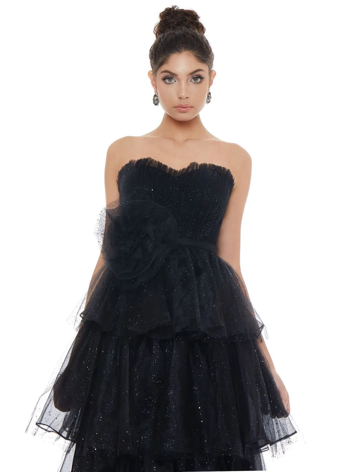 Ashley Lauren 1709 black prom dress size 4 sweetheart neckline tiered tulle long skirt