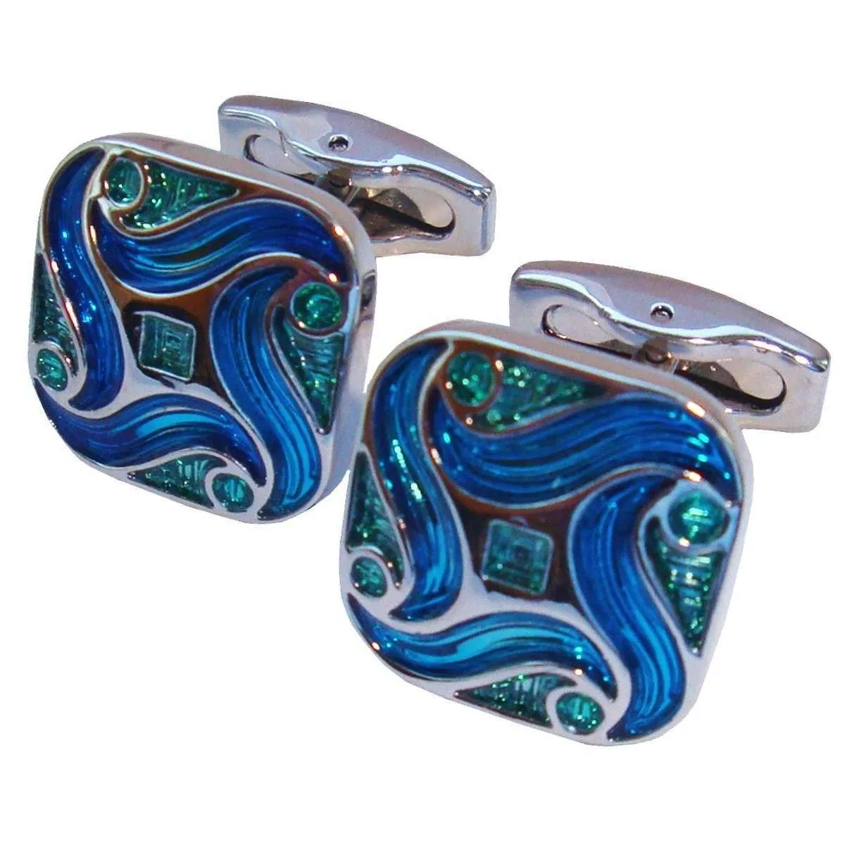 Bassin and Brown Art Nouveau Enamel Cufflinks - Blue/Green/Silver