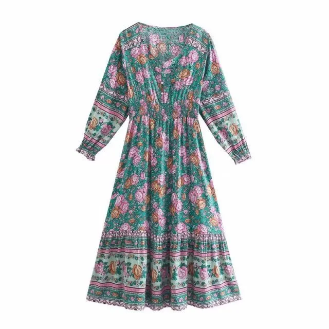 BELLFLOWER Floral Print Bohemian Style with Ruffle Dress