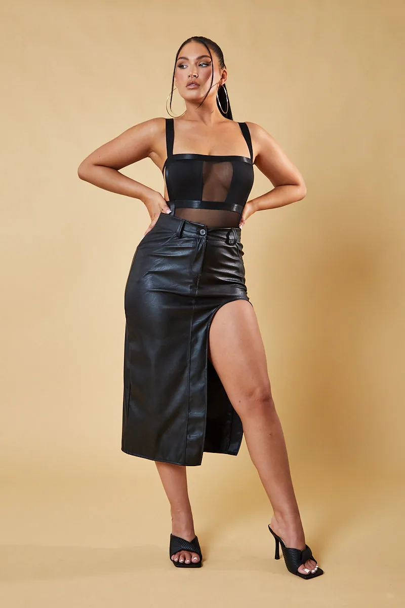 Black Faux Leather Thigh Slit Midi Skirt - Jaden