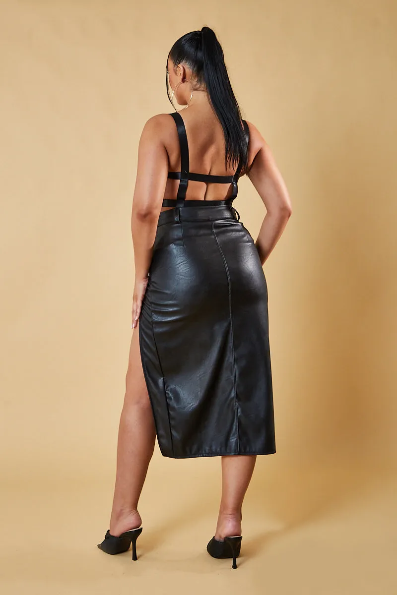 Black Faux Leather Thigh Slit Midi Skirt - Jaden