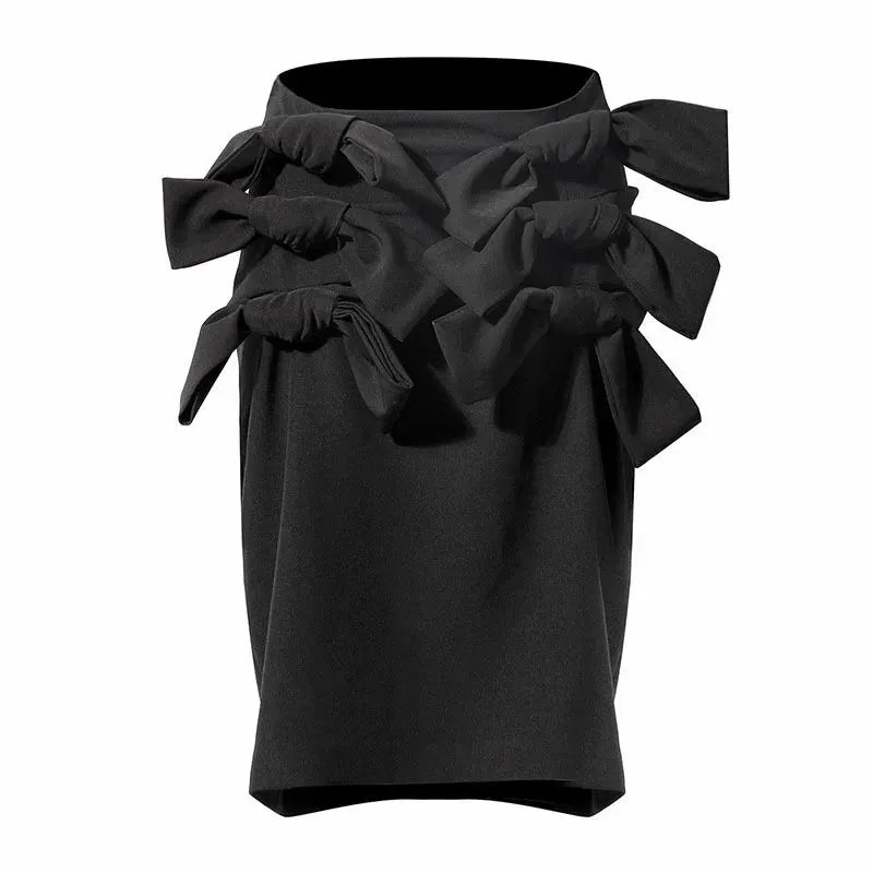 Bodycon Patchwork Bowknot Skirt For Women High Waist Black Midi Skirts Female Fashion Clothing Stylish