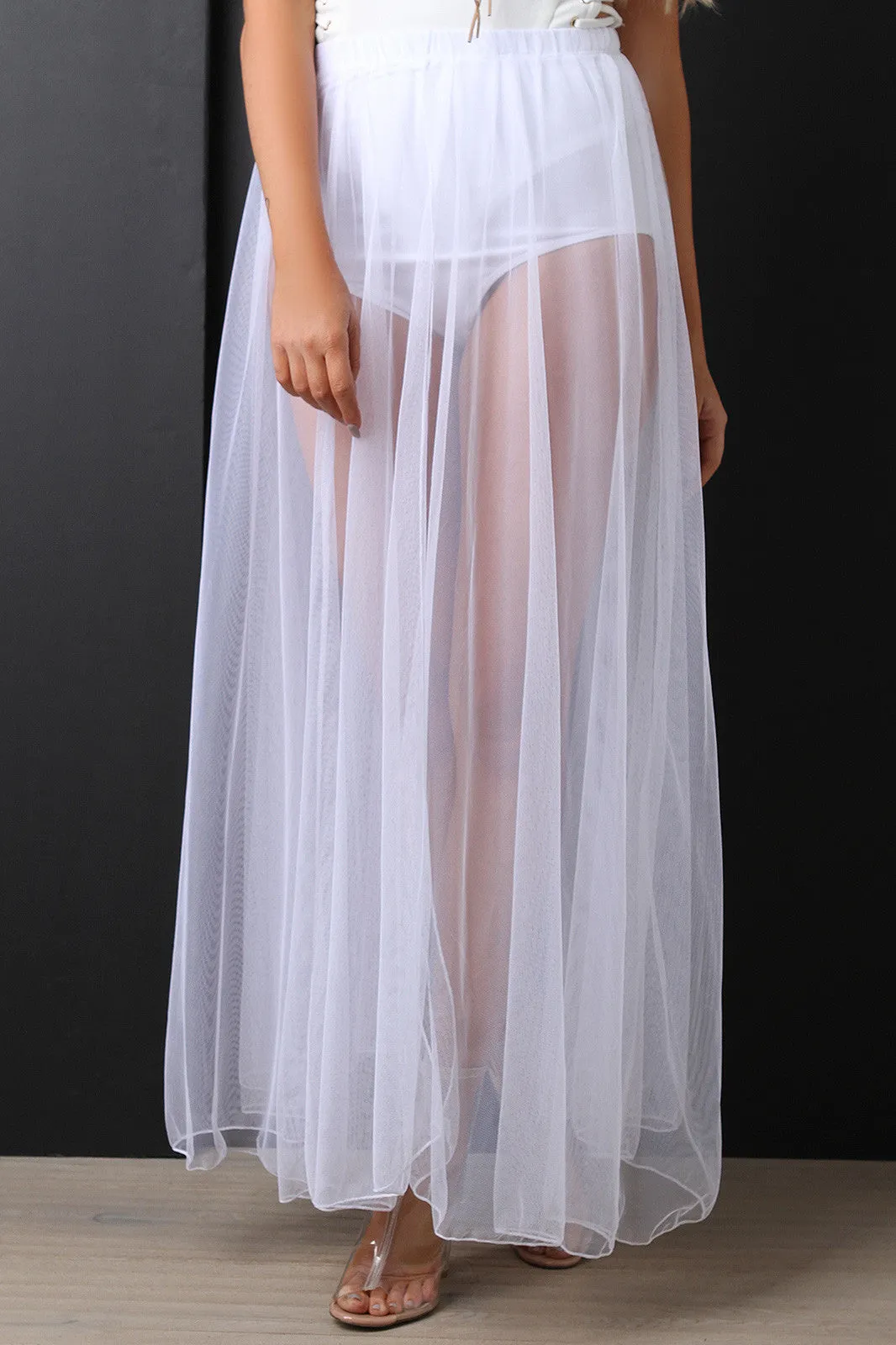 Brief Underlay Semi-Sheer Mesh Midi Skirt