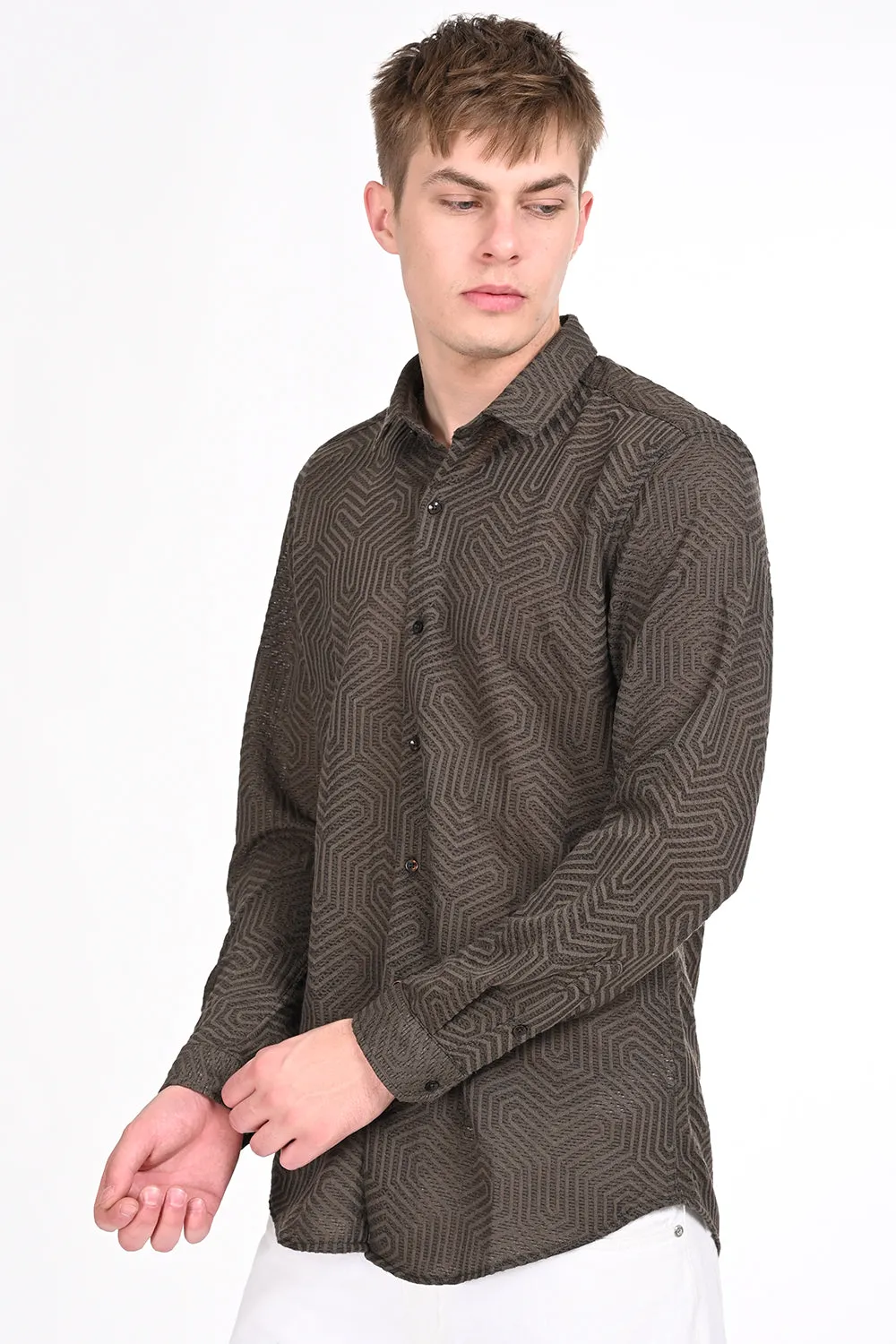 Brown Textured Regular Fit Shirt