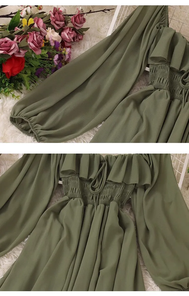 Chic Square Neck Puff Sleeve Chiffon Skirt      S5037