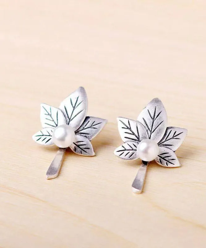 Chic Vintage Silver Maple Leaf Nail Bead Stud Earrings LY9147