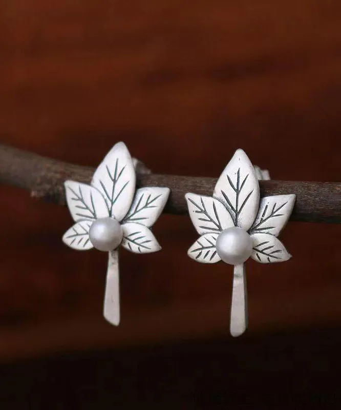 Chic Vintage Silver Maple Leaf Nail Bead Stud Earrings LY9147