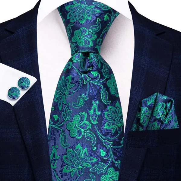 Classy Men Blue Green Floral Silk Tie