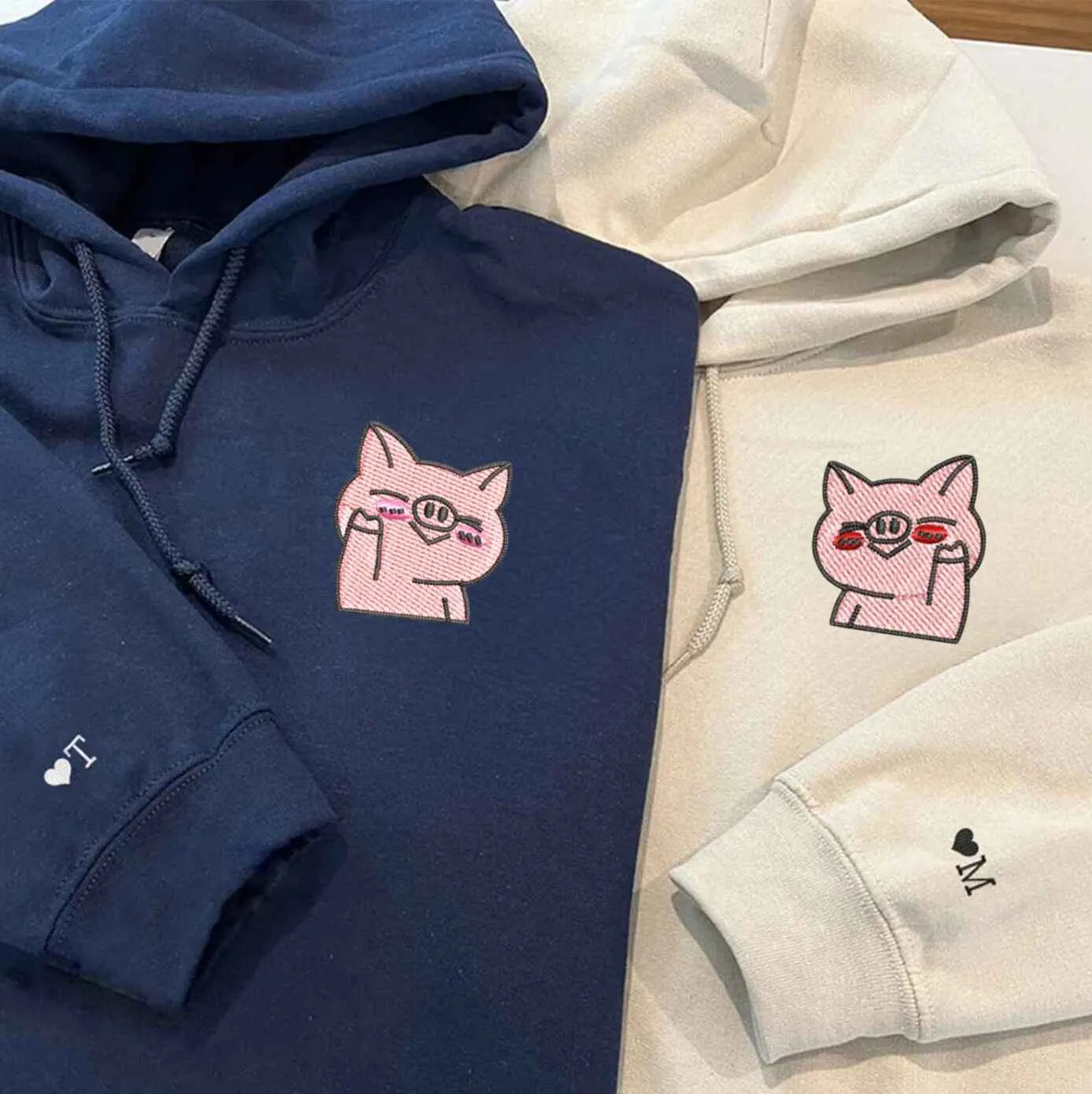 Cute Pig Embroidered Matching Hoodies - Personalized Matching Hoodies For Couples