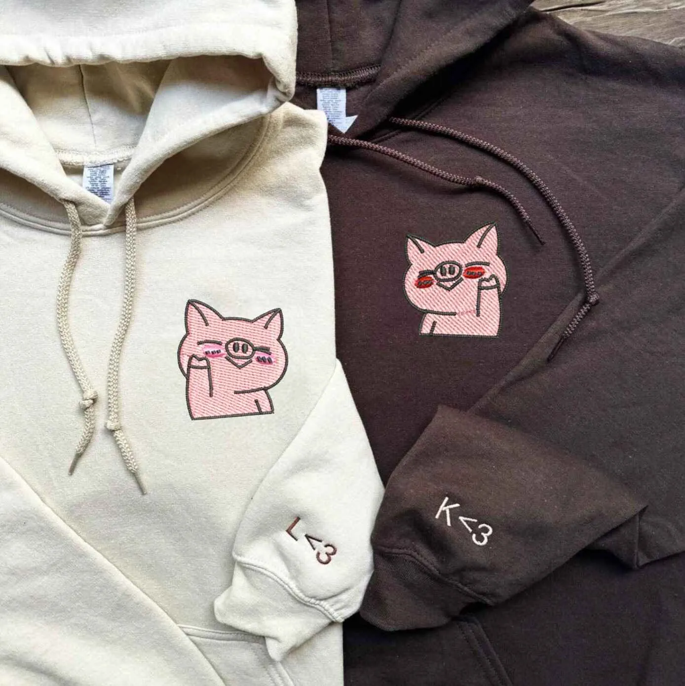 Cute Pig Embroidered Matching Hoodies - Personalized Matching Hoodies For Couples