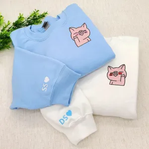 Cute Pig Embroidered Matching Hoodies - Personalized Matching Hoodies For Couples