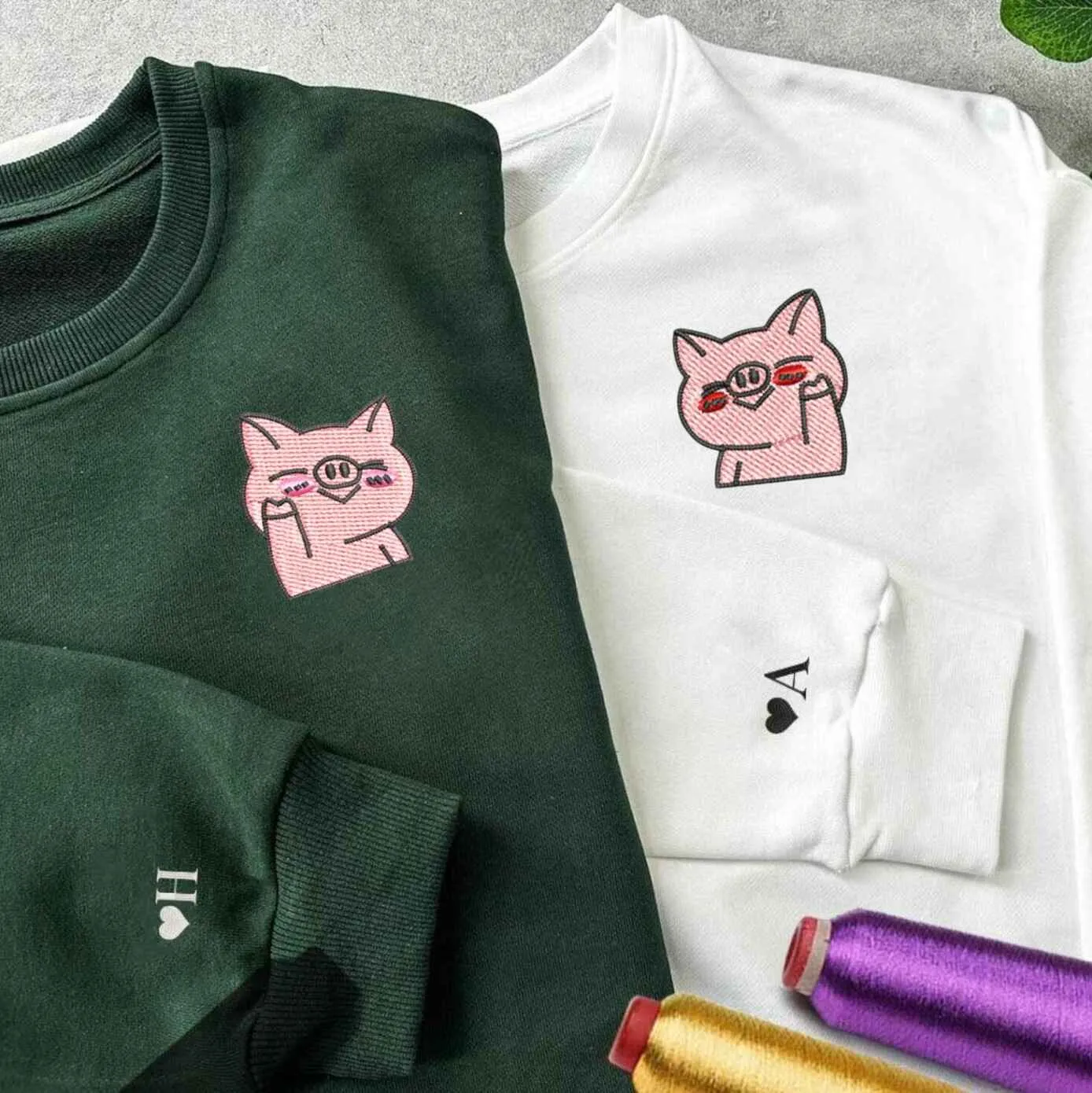 Cute Pig Embroidered Matching Hoodies - Personalized Matching Hoodies For Couples