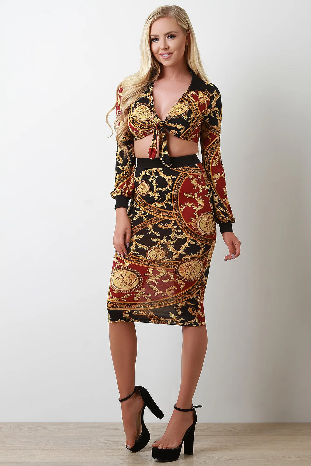 Filigree Printed Self Tie Crop Top With Midi Skirt Set