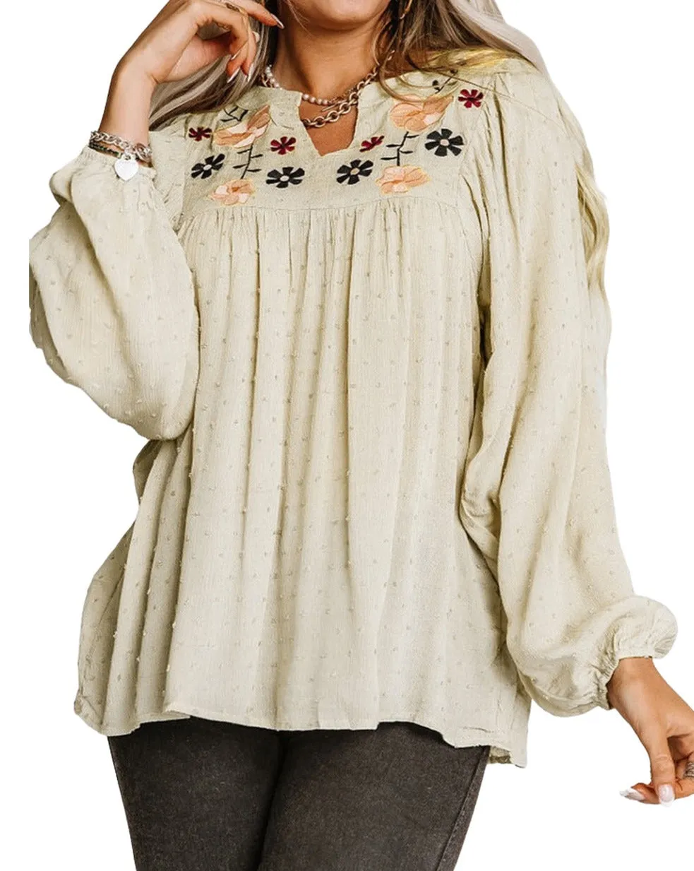 Floral Embroidered Textured Babydoll Blouse