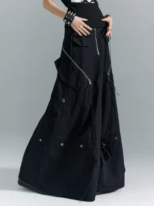 Frustration Garden Gothic Cargo Maxi Skirt - Black Floor-Length with Zipper Details and Multiple Pockets