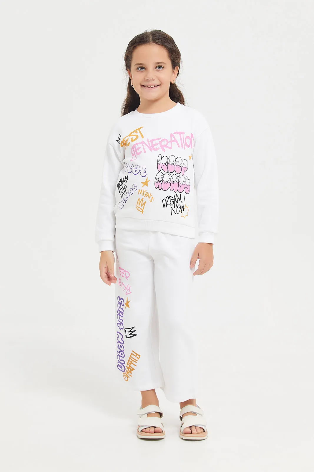 Girls White Placement Print Sweatshirt