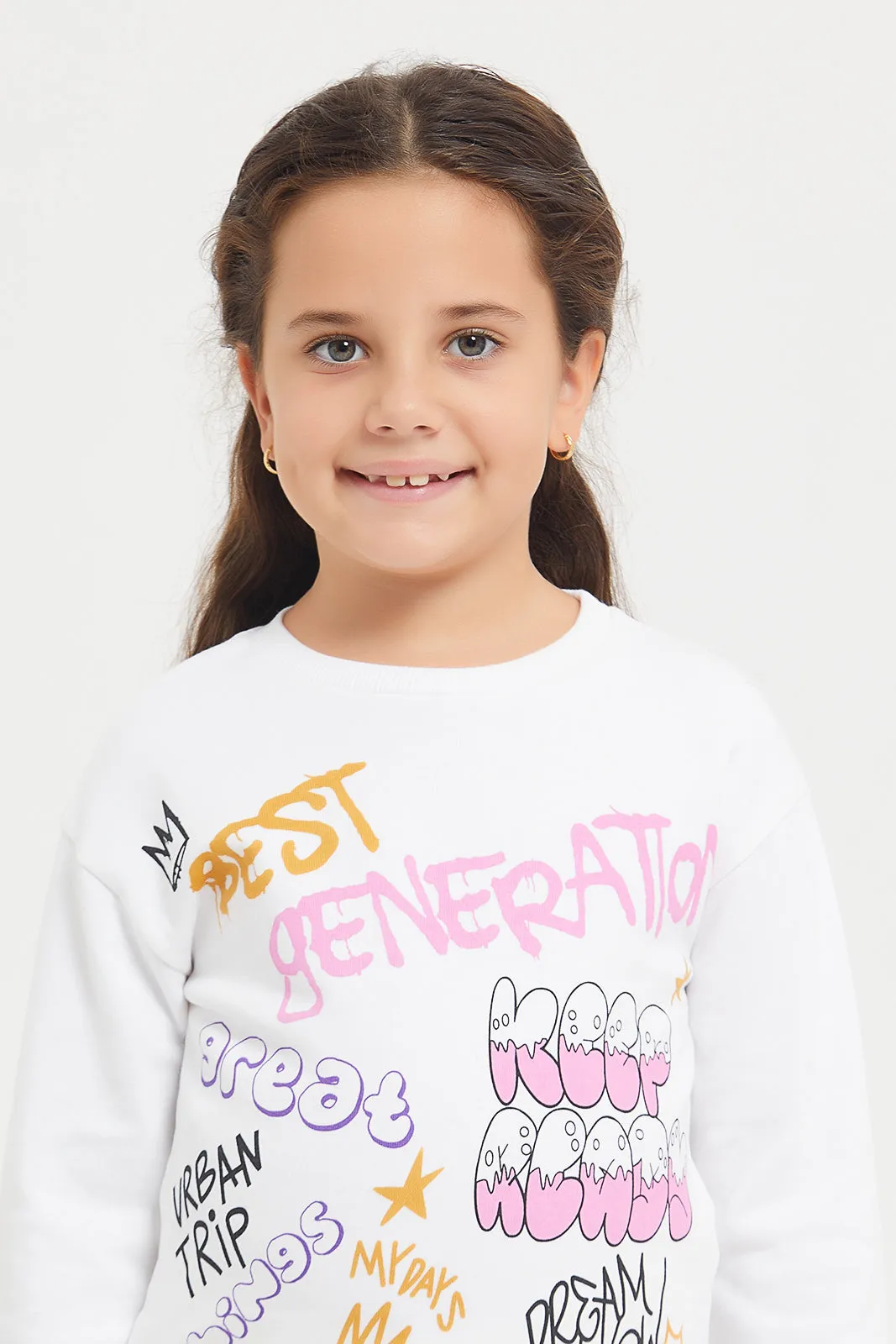 Girls White Placement Print Sweatshirt