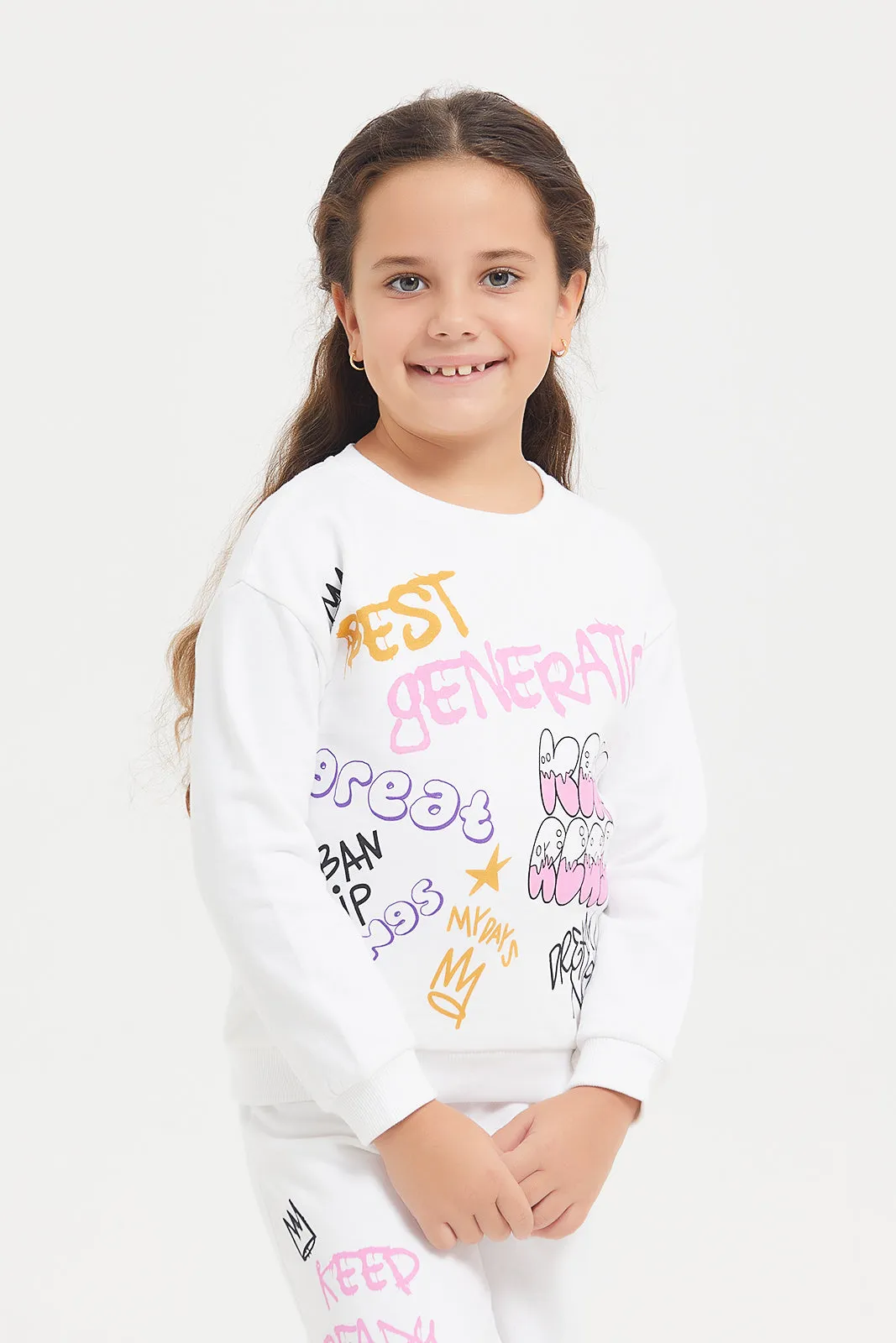 Girls White Placement Print Sweatshirt