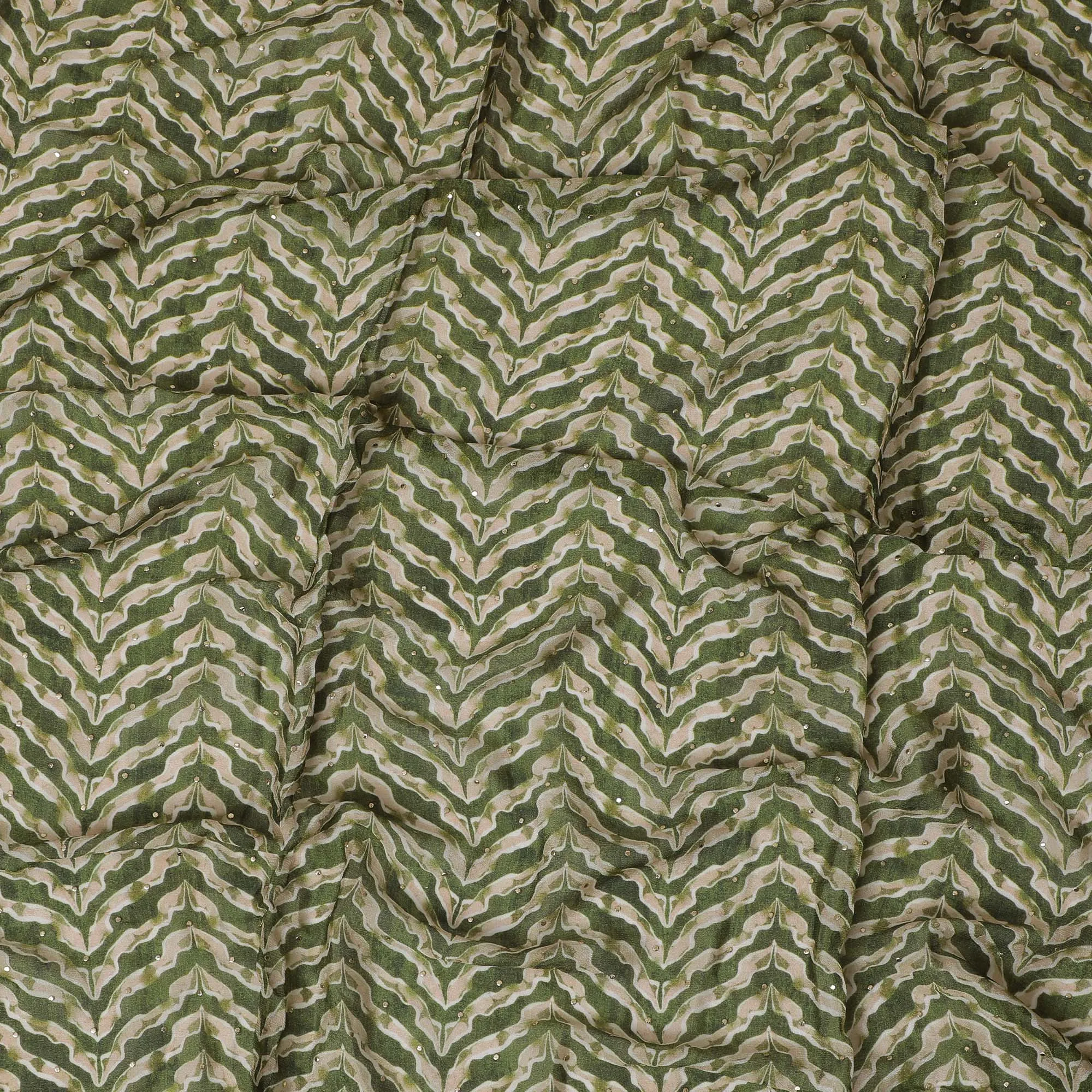 Green Chevron Patterned Synthetic Cotton Lawn Fabric with Embroidery - 110 cm Wide - D19607