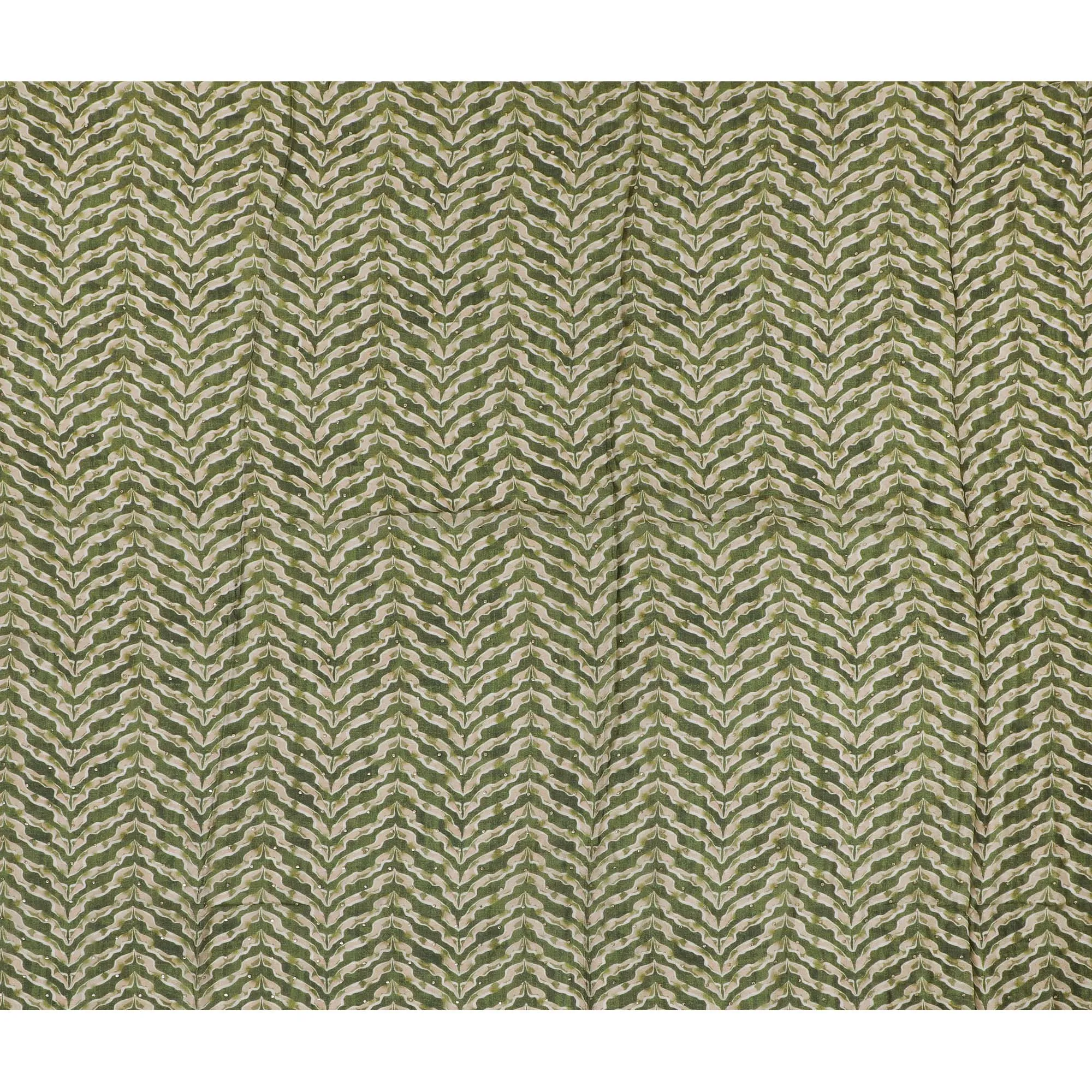 Green Chevron Patterned Synthetic Cotton Lawn Fabric with Embroidery - 110 cm Wide - D19607