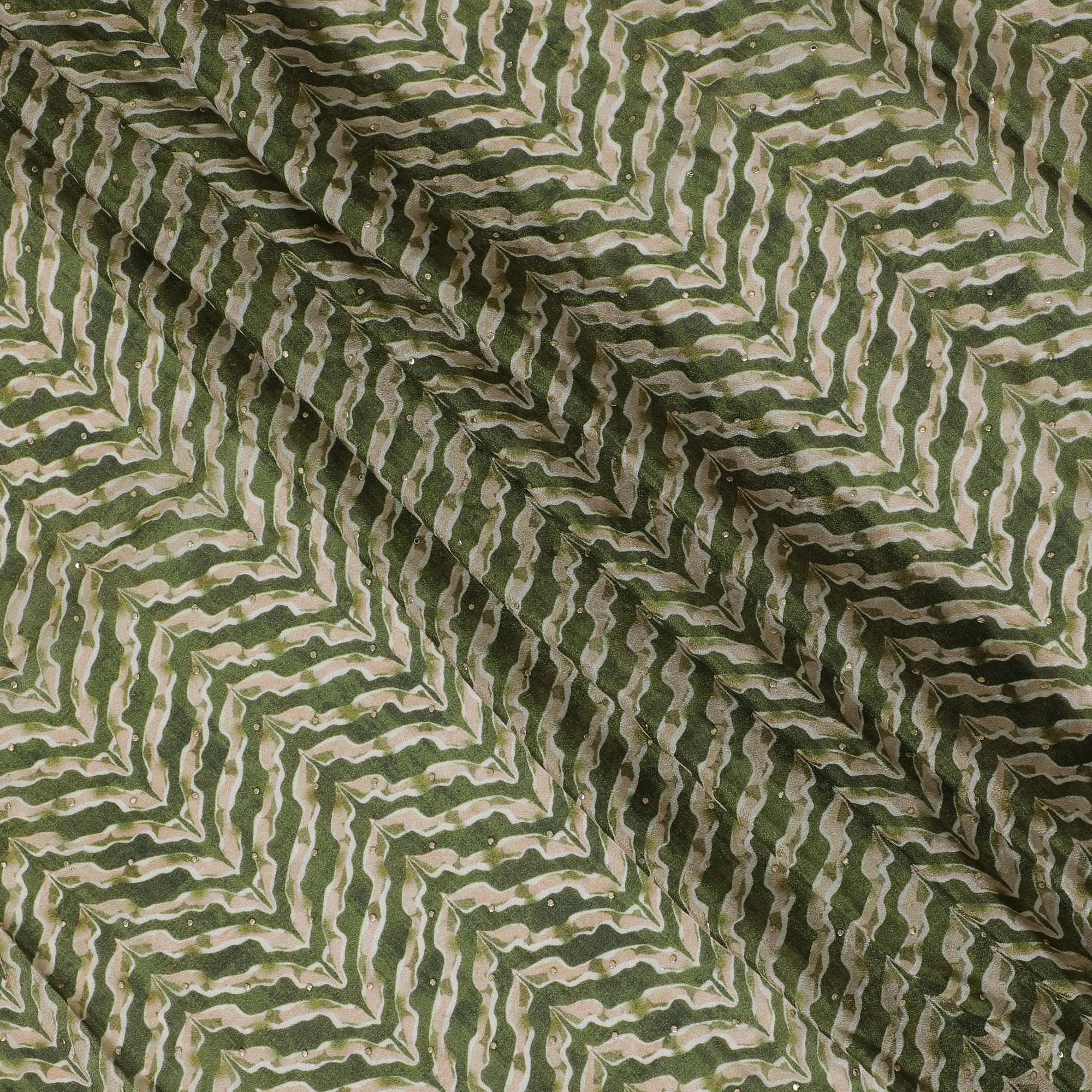 Green Chevron Patterned Synthetic Cotton Lawn Fabric with Embroidery - 110 cm Wide - D19607