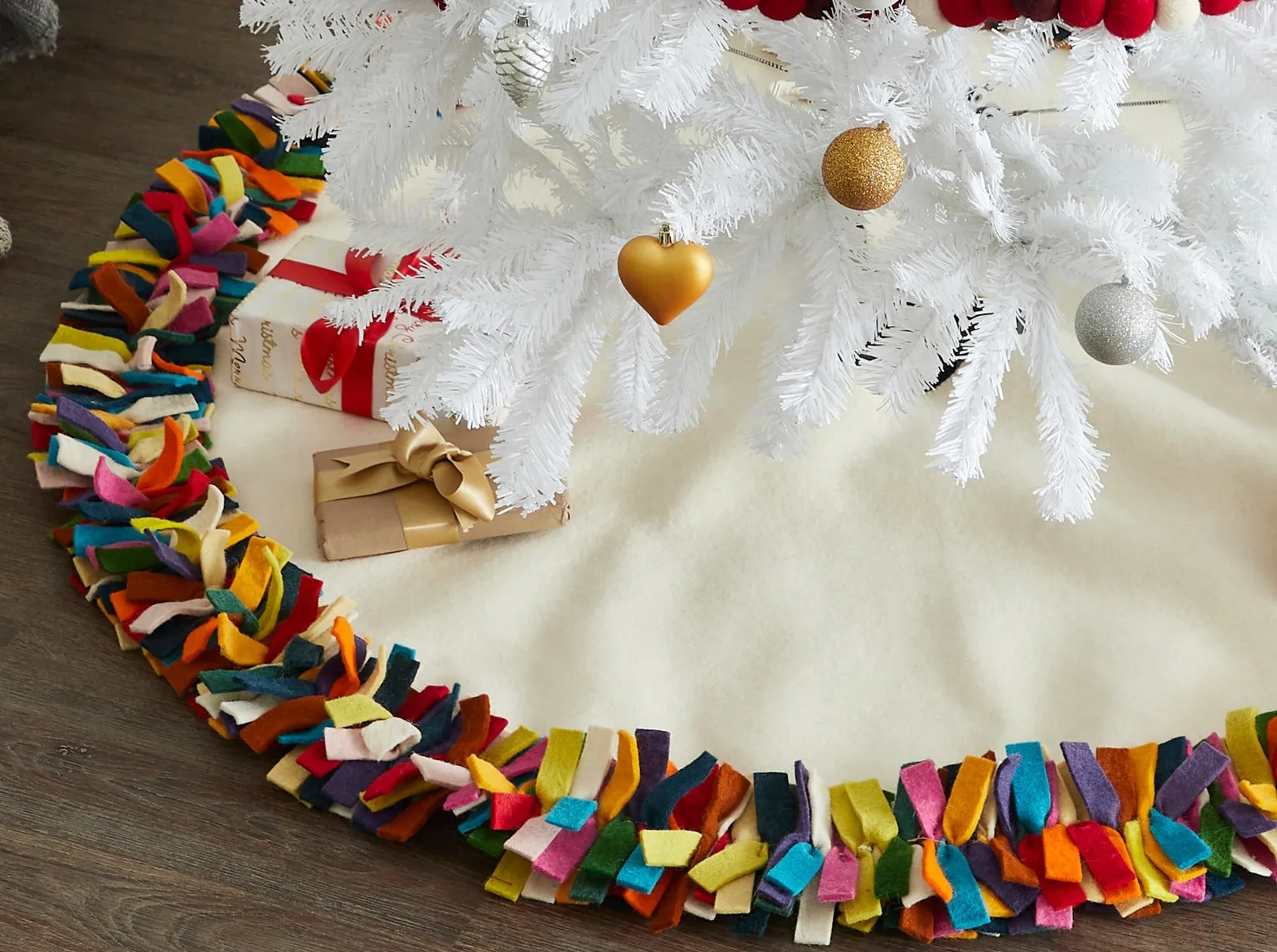 Handmade Felt Christmas Tree Skirt - Multicolor Fringe Border on Cream - 51"/64"