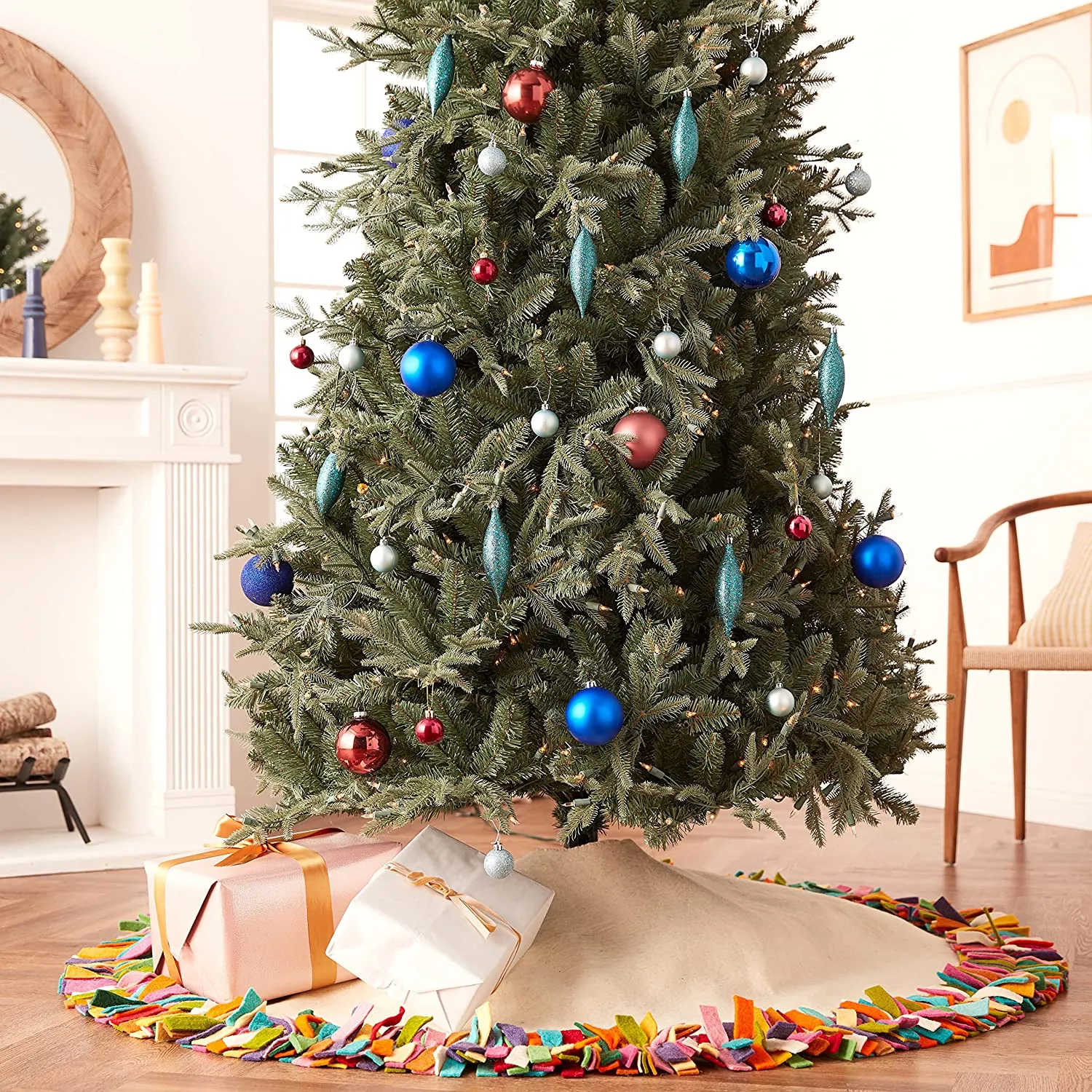 Handmade Felt Christmas Tree Skirt - Multicolor Fringe Border on Cream - 51"/64"