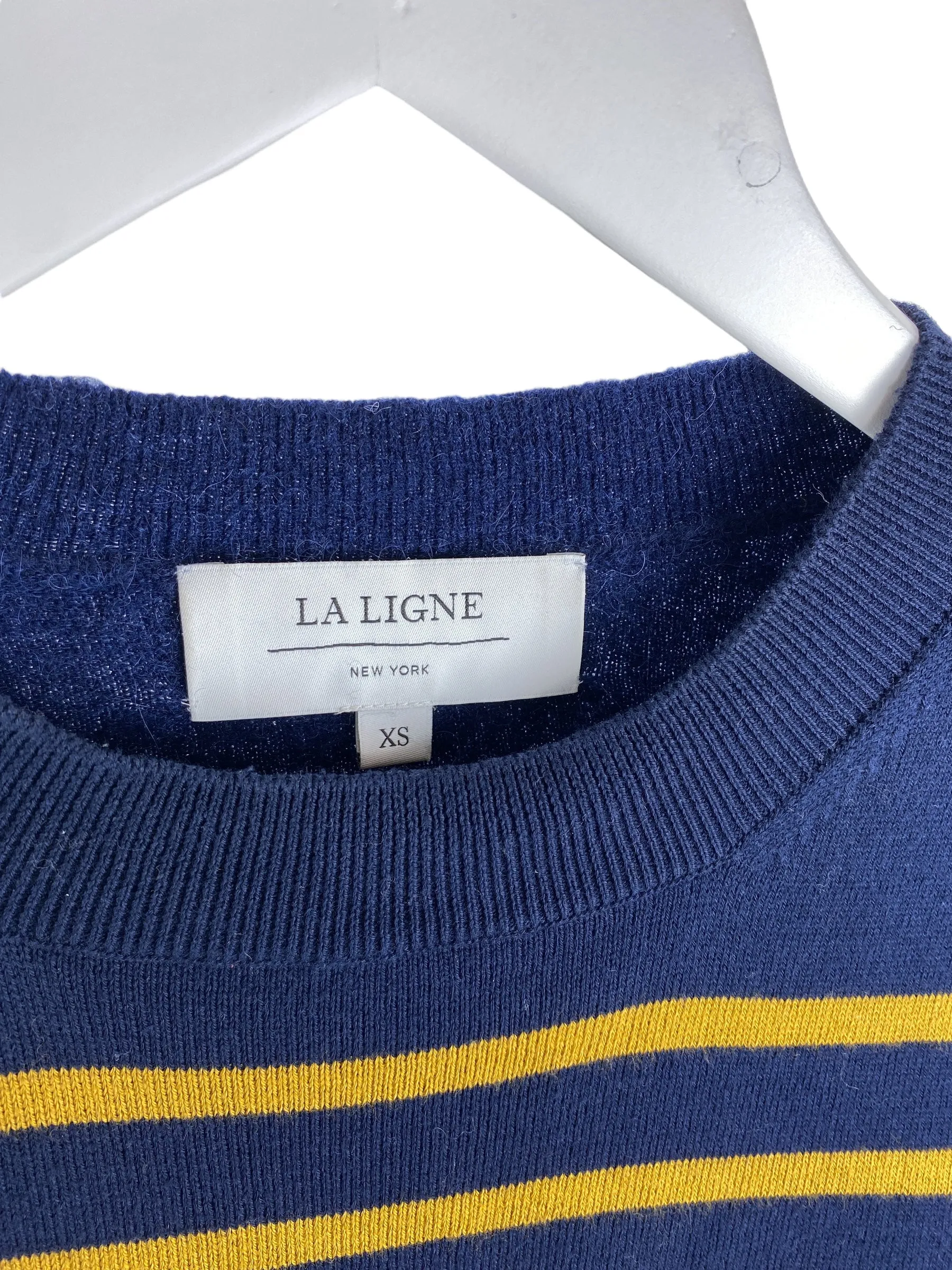 La Ligne Women's Striped Cashmere Blend Crew Sweater Navy Gold Size XS