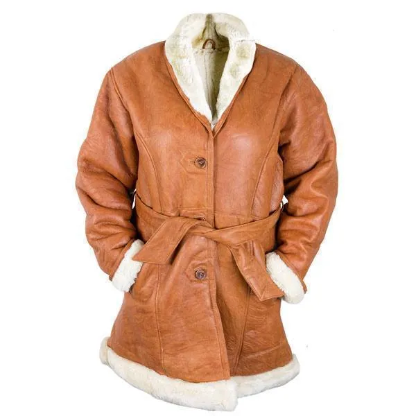 Ladies Lucky Leather 111S Rusty Brown Leather Long Shearling Coat with Belt