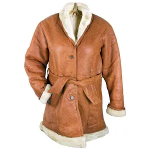 Ladies Lucky Leather 111S Rusty Brown Leather Long Shearling Coat with Belt