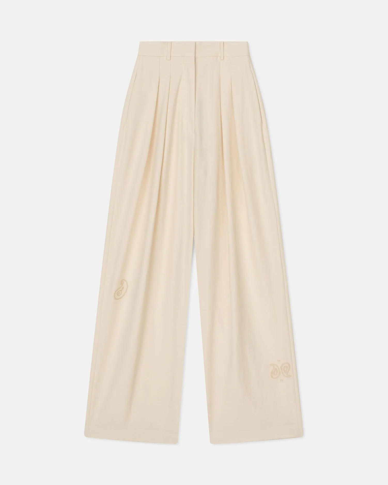 Marika - Embroidered Slub Pants - Creme