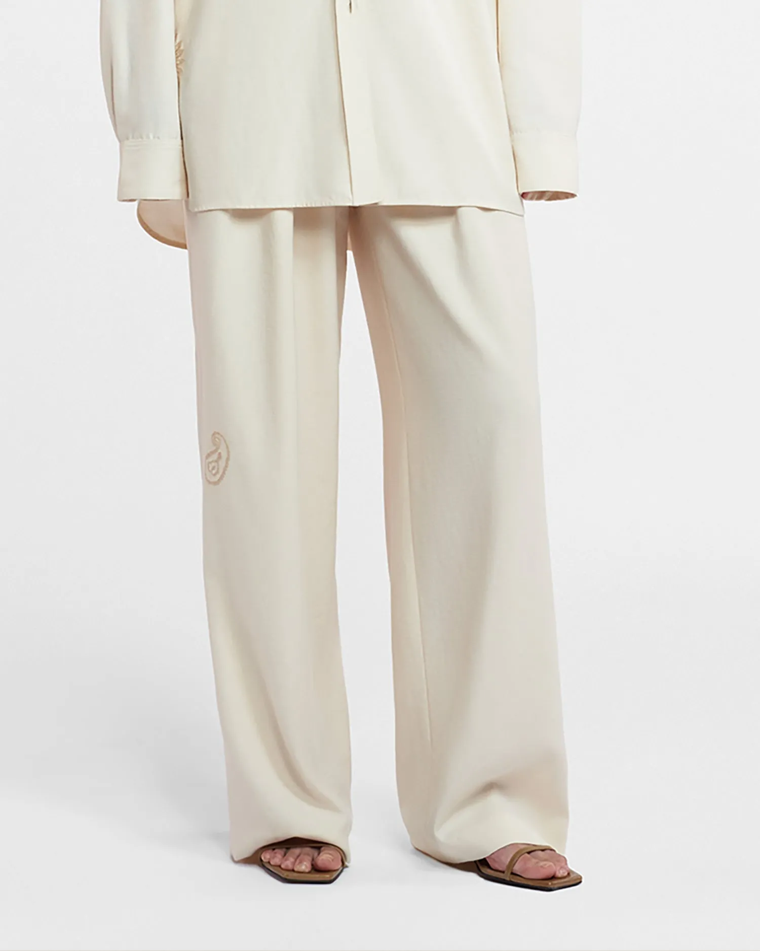 Marika - Embroidered Slub Pants - Creme