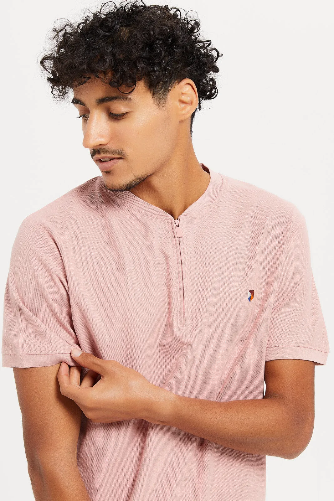 Men Pink Henley Collared Plain Polo Shirt