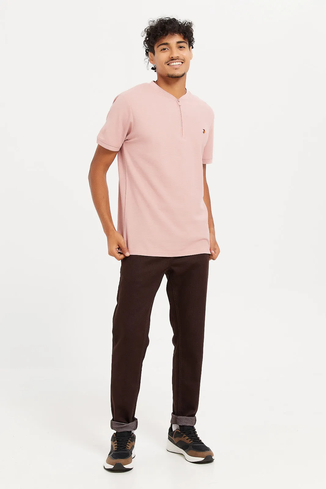 Men Pink Henley Collared Plain Polo Shirt