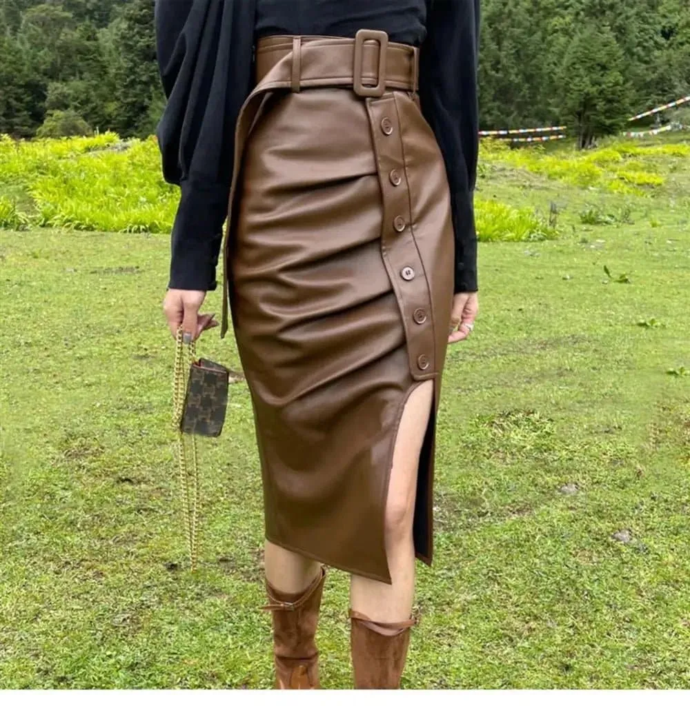 Mid-Length Genuine Sheepskin Leather Skirt - Casual A-Line Style