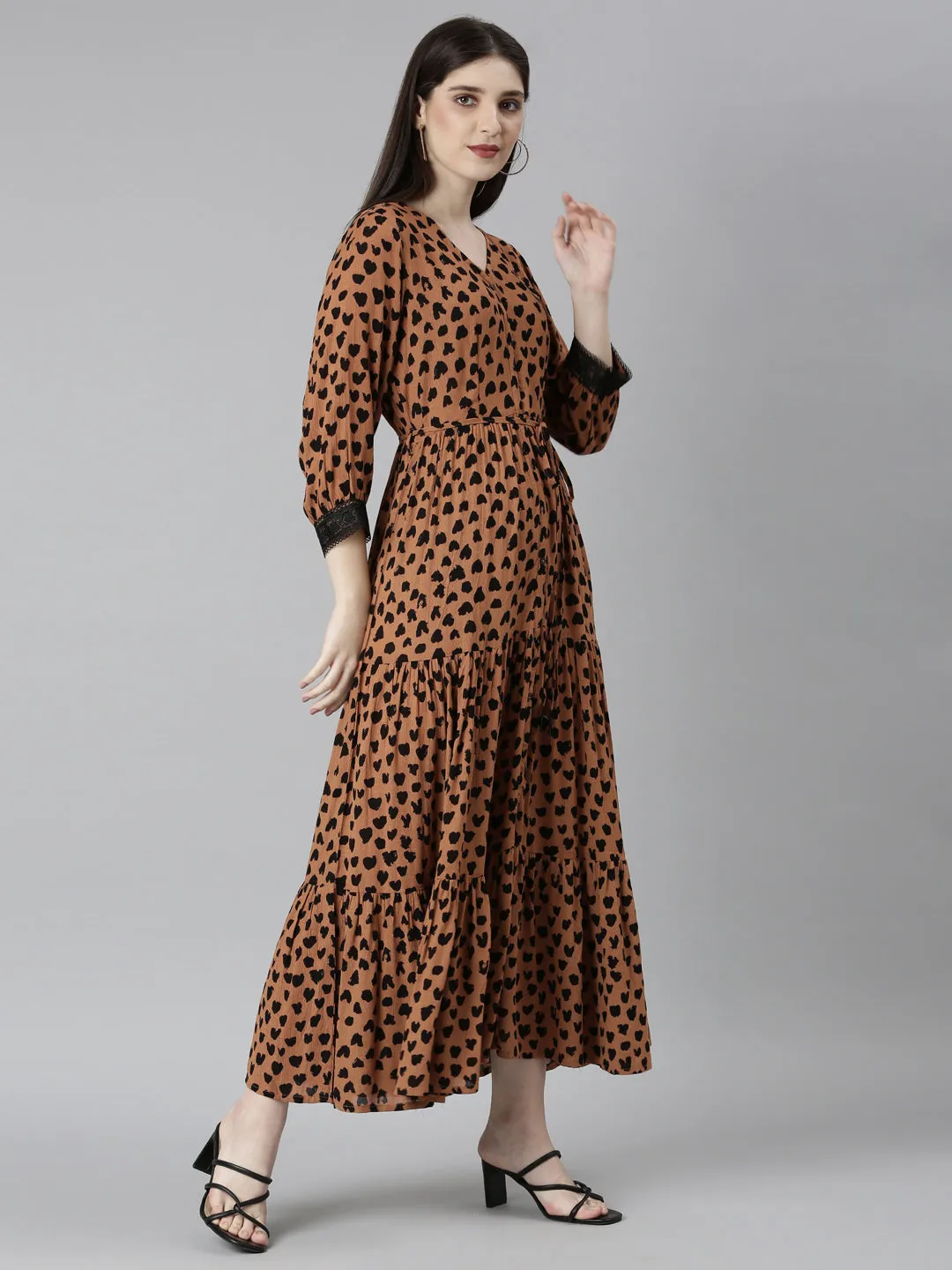 Neeru's Brown Straight Casual Polka Dots Dresses