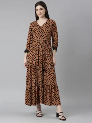 Neeru's Brown Straight Casual Polka Dots Dresses