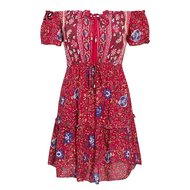 Off Shoulder Floral Print Casual Ruffled A-line Retro Boho Dress