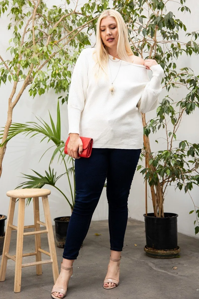 Plus White Off-the-Shoulder Soft Knit Sweater