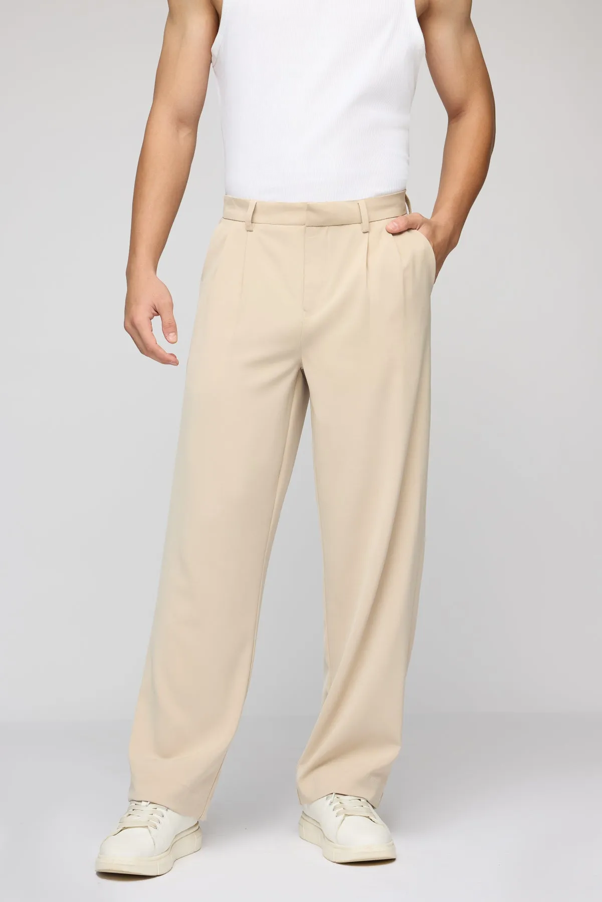 Sand Beige Men's Pleated Korean Pants