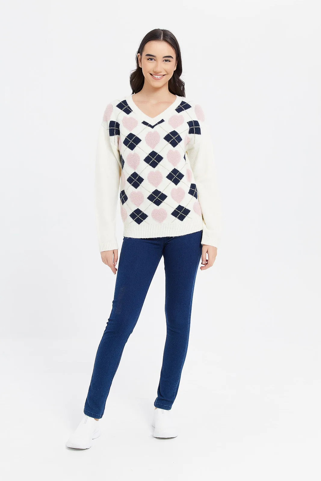 Senior Girls White Drop Shoulder Printed Pullover