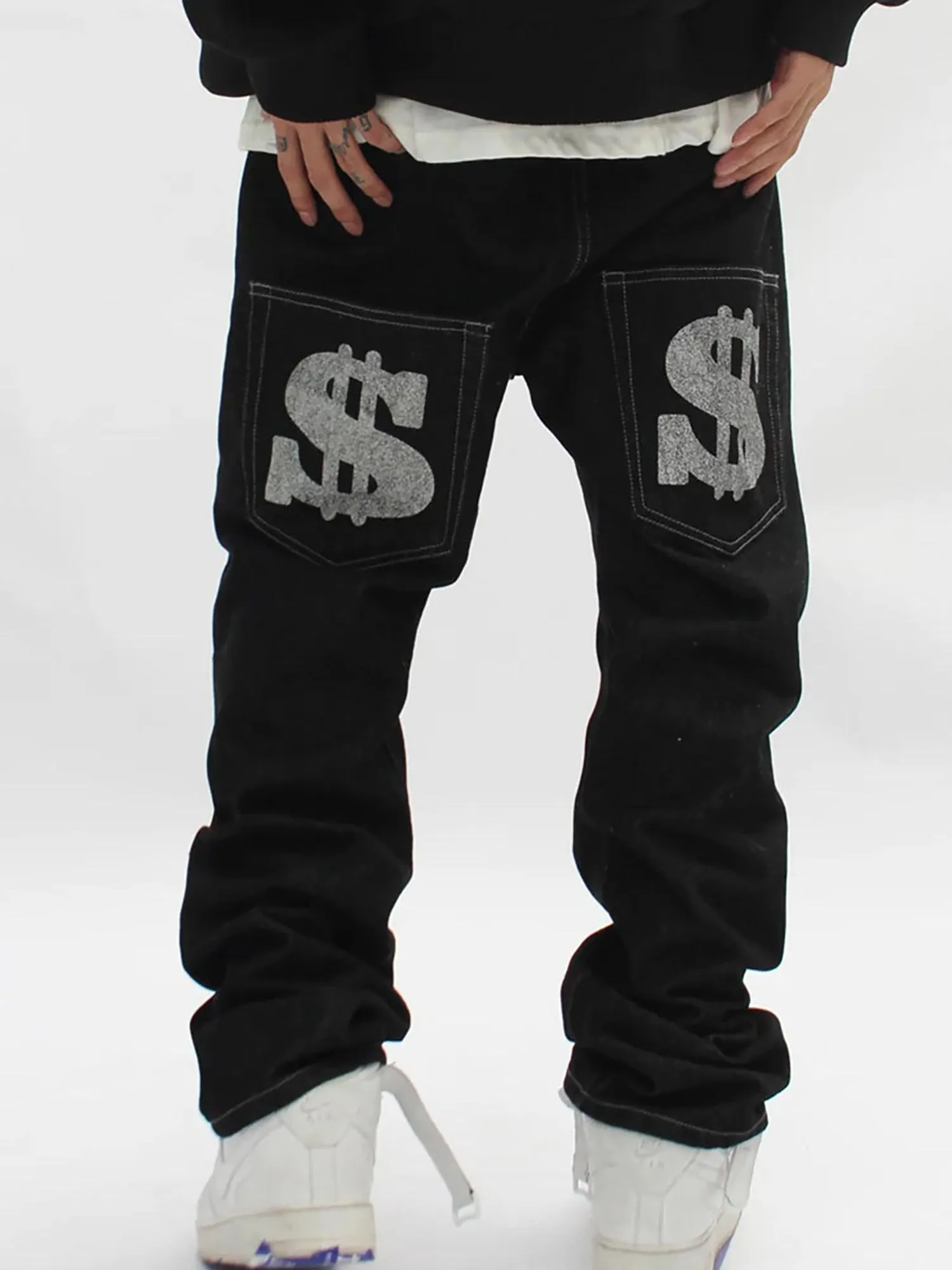 Thesupermade Letter Print Dollar Black Baggy Jeans -1024