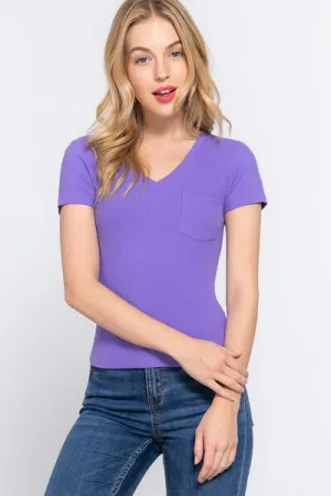 V-Neck Ribbed Short Sleeve Knit T-Shirt