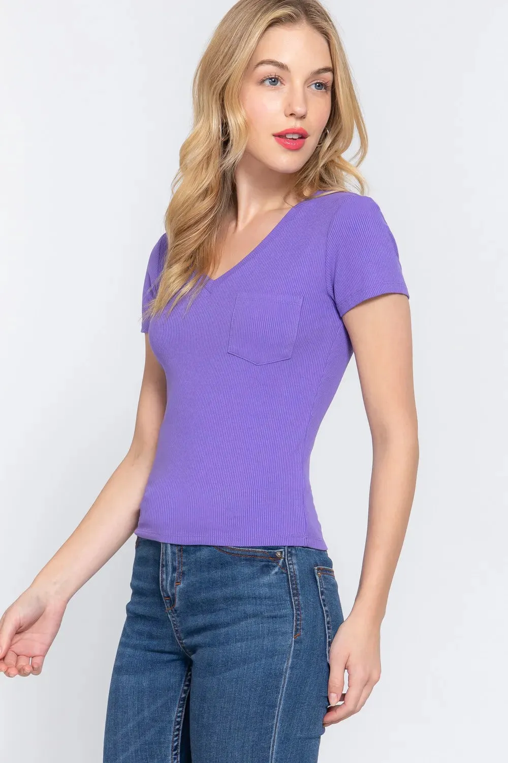 V-Neck Ribbed Short Sleeve Knit T-Shirt