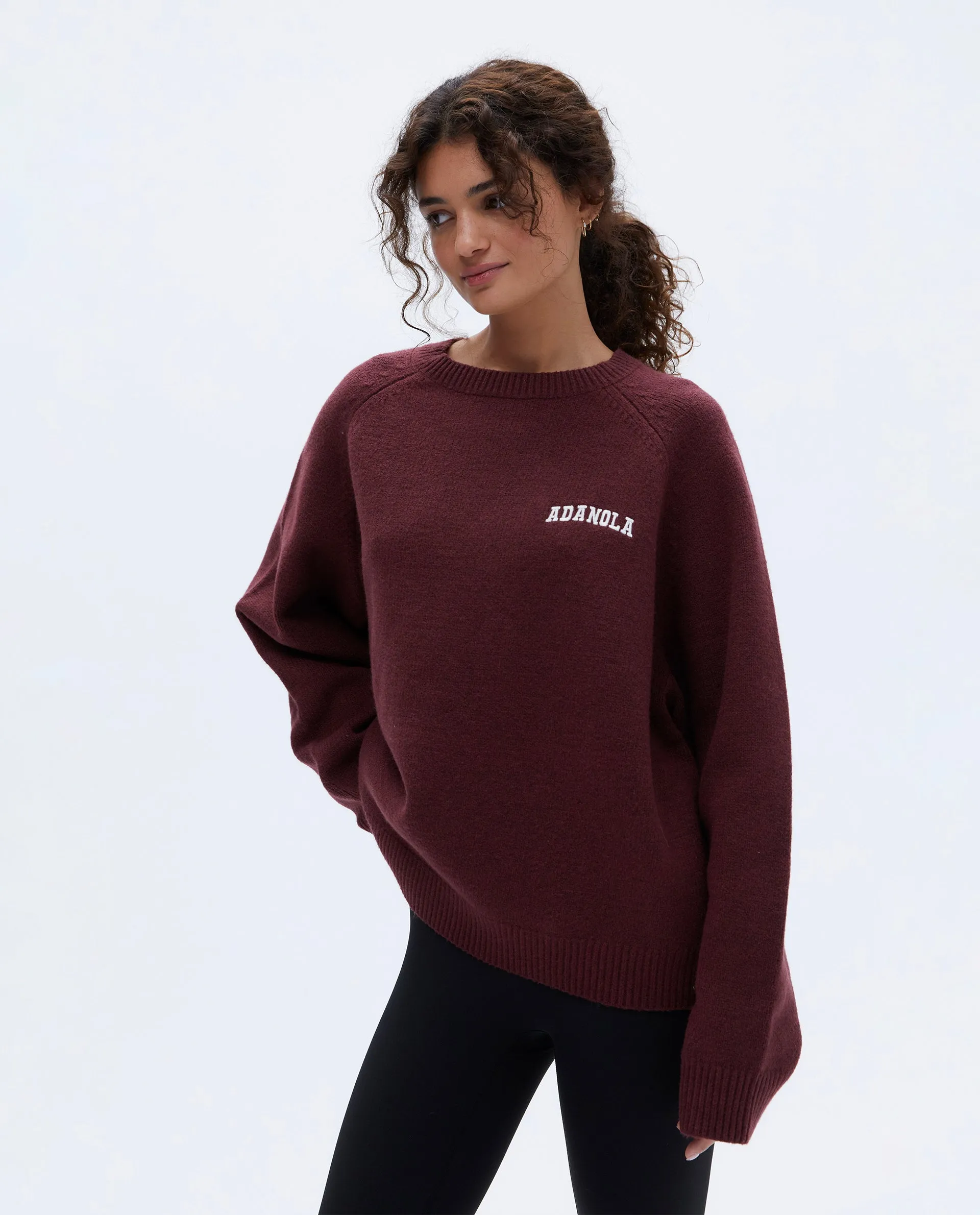 Varsity Oversized Knit Sweatshirt - Burgundy/Cream