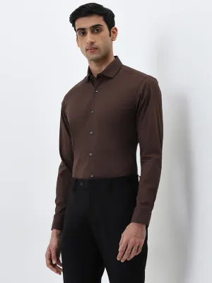 WES Formals Brown Solid Ultra Slim-Fit Cotton Blend Shirt