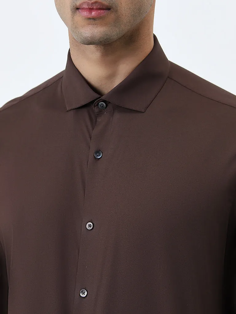 WES Formals Brown Solid Ultra Slim-Fit Cotton Blend Shirt