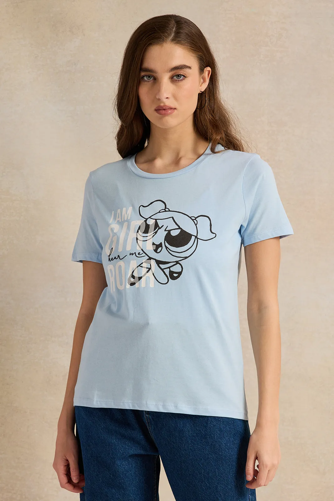 Women Blue Power Puff Printed T-Shirt